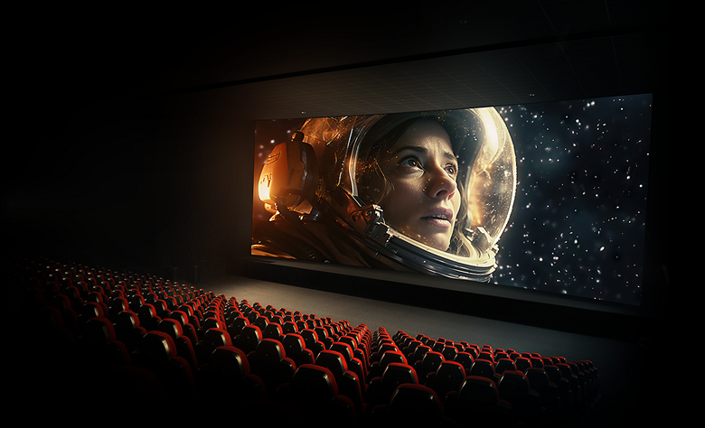 View of cinema with rows of red seats and cinema screen with astronaut in space.