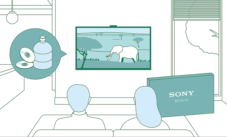 Illustration of BRAVIA's environmentally conscious features, highlighting reduced plastic use and energy optimisation.