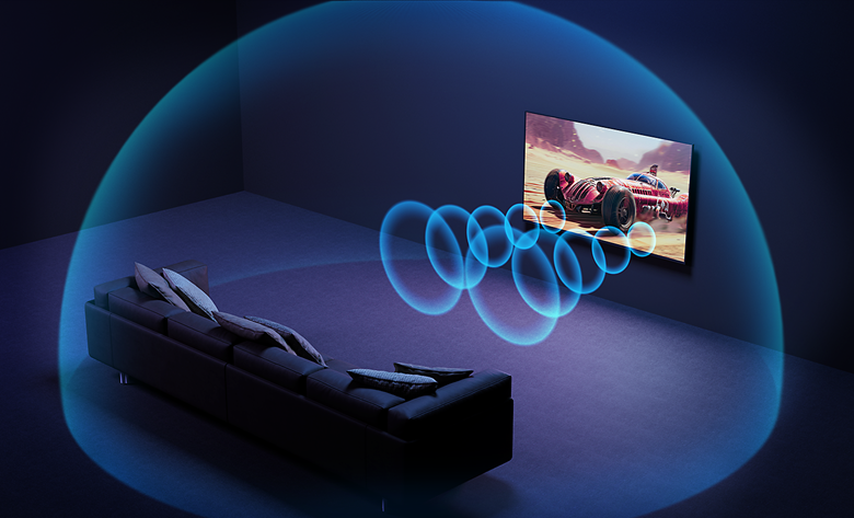 Visual representation of a BRAVIA TV in a living room setup with Dolby Atmos® and DTS® sound.