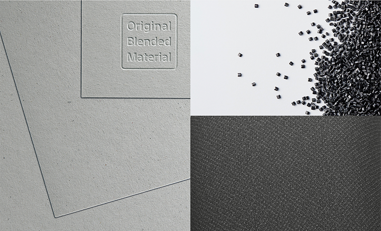 Split screen showing Original Blended Material used in packaging on left and environmentally-conscious materials on right used in the product