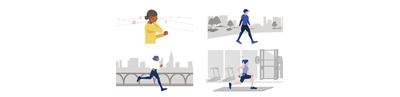 Collage of illustrations showing people listening to music engaged in various outdoor activities.