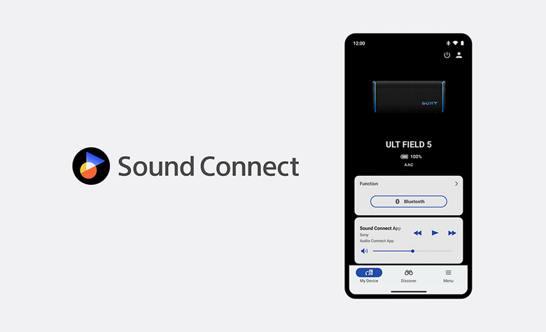 The Sound Connect logo to the left and a mobile phone to the right showing the app on the screen