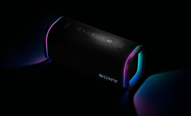 The ULT FIELD 5 illuminated with multi-coloured lights at each end of the speaker