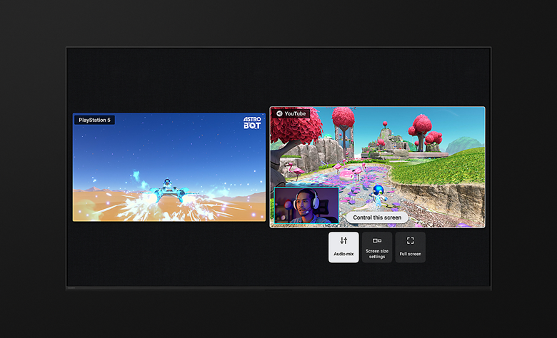 Screenshot showing multi view feature, with Astro Bot video game on the left side and YouTube on the right.