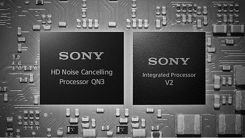Two Sony processors labeled “HD Noise Cancelling Processor QN3” and “Integrated Processor V2” on a circuit board.