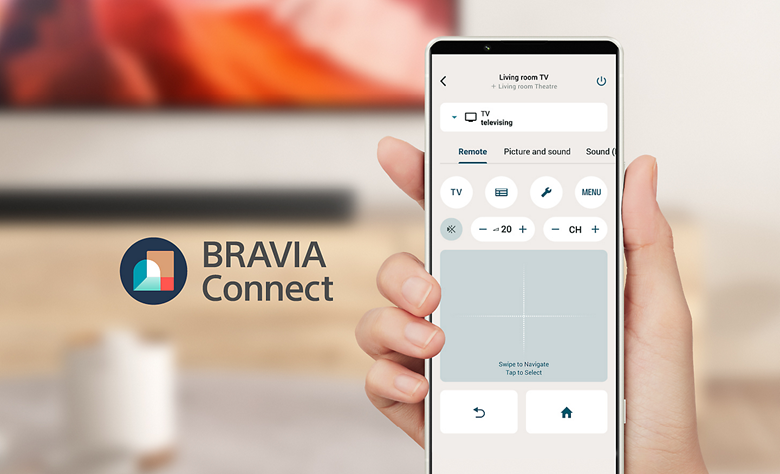 A hand holding a smartphone displaying the BRAVIA Connect app interface, alongside the BRAVIA Connect logo.