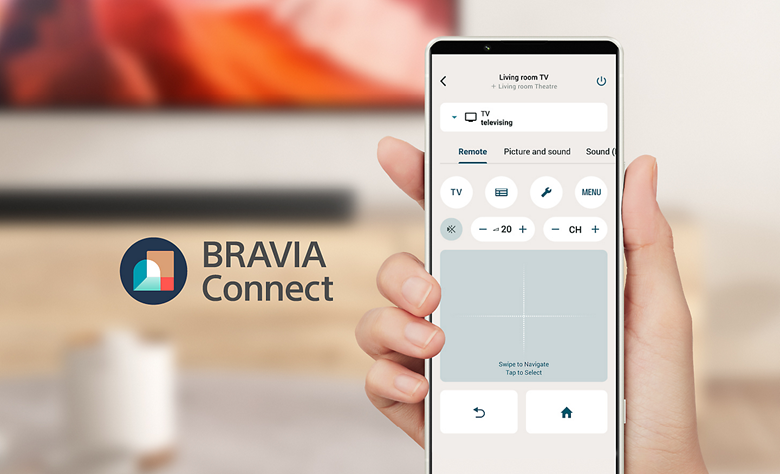 A hand holding a smartphone displaying the BRAVIA Connect app interface, alongside the BRAVIA Connect logo.