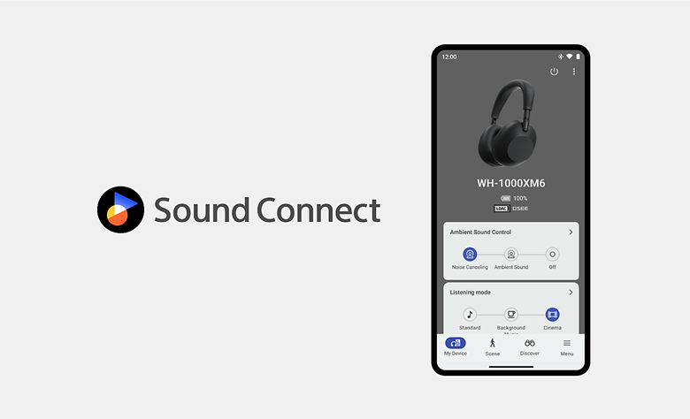 Logo of Sony's Sound Connect app next to a phone showing the app's interface for WH-1000XM6 headphones.