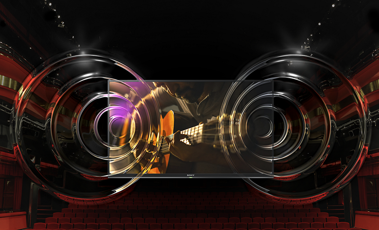 BRAVIA TV displayed in a theatre setting with overlapping sound waves visualising Clear Phase technology.
