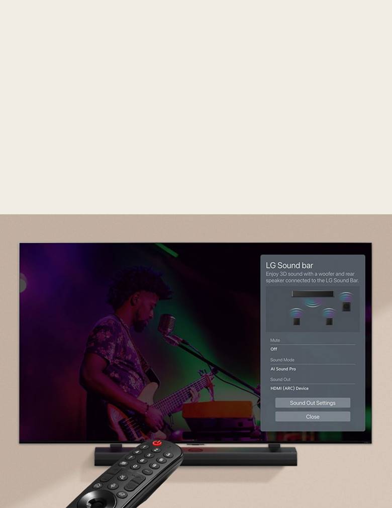 An image of a remote control pointed at an LG TV showing soundbar control settings on the right side of the screen.