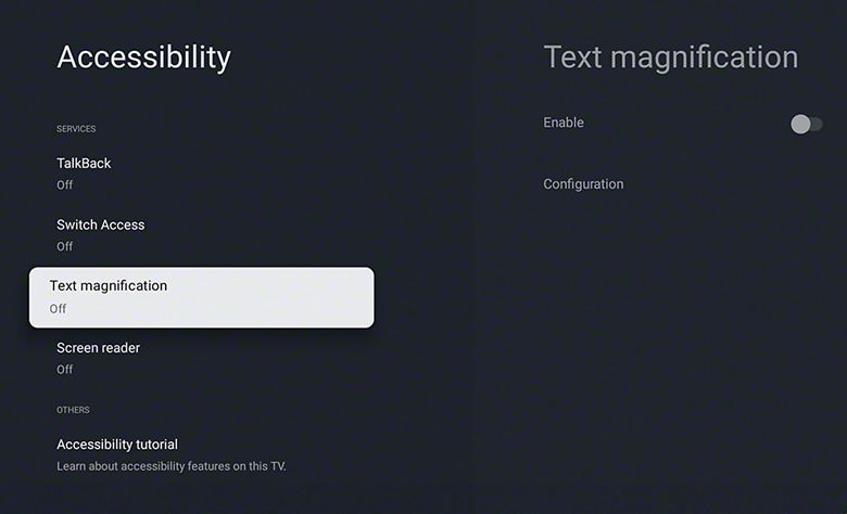 Screenshot of Talkback and text magnification features on a BRAVIA TV.