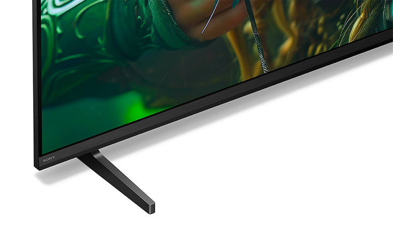 Angled side view of BRAVIA TV on a slim T-shaped blade stand.