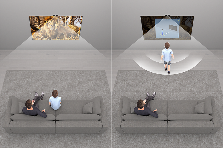 Split screen view with image on left showing two people on a sofa watching TV and image on right showing one of the people walking towards the TV with alert sounding.