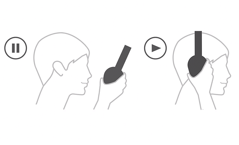 Illustration showing auto-pause when headphones are removed and auto-play when they are worn again.