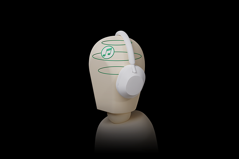 A digital illustration of a mannequin wearing Sony headphones surrounded by one musical note showing normal audio.