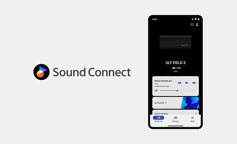 The Sound Connect logo next to a mobile phone showing the app open its screen
