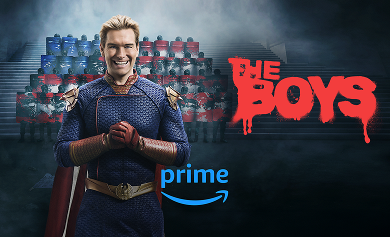 Screenshot of character from 'The Boys' with the logo of Amazon Prime below.