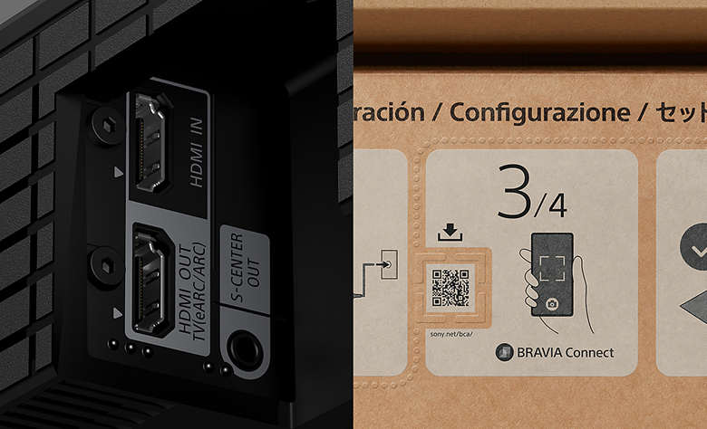 A collage of a close-up view of BRAVIA TV's eARC HDMI ports, featuring tactile dots for accessibility and a QR code to the BRAVIA Connect app.