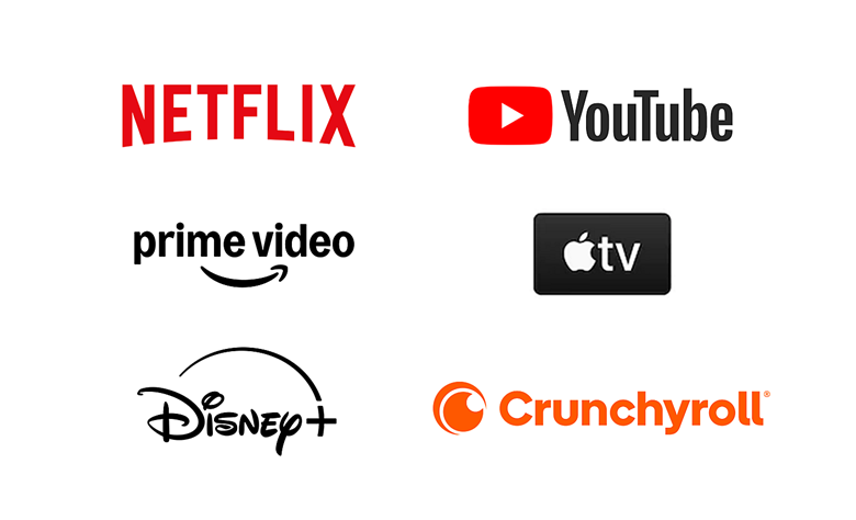 Logos of Netflix, YouTube, Prime Video, Apple TV, Disney+, Crunchyroll