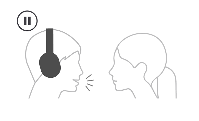 Illustration of a person wearing headphones speaking to another, with a pause button indicating the Speak-to-Chat functionality.