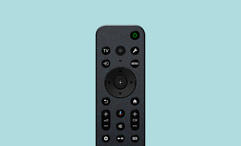 Black, compact TV remote made from recycled plastic.