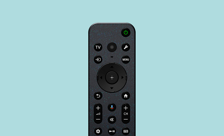 Black, compact TV remote made from recycled plastic.