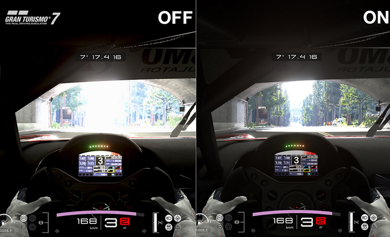 Split screen images of Gran Turismo 7 showing the difference with Auto HDR Tone Mapping on and off.