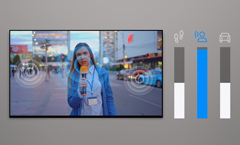 TV screen showing a newscaster speaking into a microphone, with visual sound indicators.