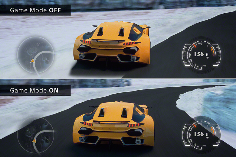 Split image showing two Driving game scenes, one showing a car coming off the track with Game Mode OFF and the other with a car on the track with Game Mode ON.