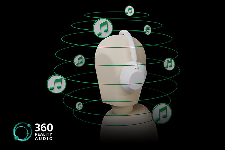 A digital illustration of a mannequin wearing Sony headphones surrounded by musical notes representing 360 Reality Audio.