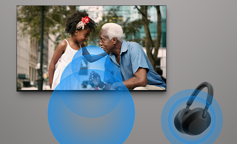 A TV screen with blue sound waves showing the ability to listen via TV speakers and Bluetooth headphones simultaneously.