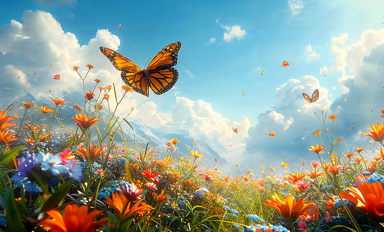4K image of a butterfly in flight over a colourful field of flowers with mountains and clouds in the background.