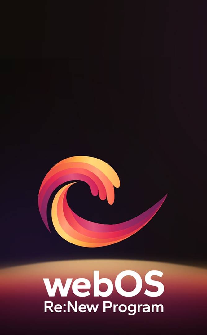 webOS Re:New Program logo is against a black background with a yellow and orange, purple circular sphere at the bottom.