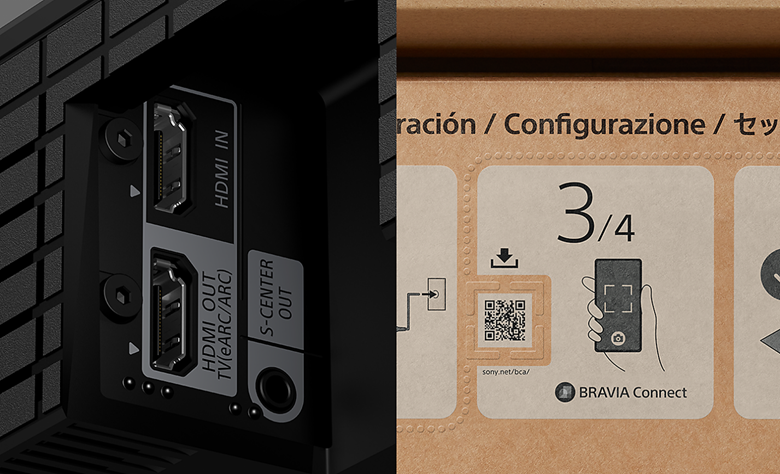 A collage of a close-up view of BRAVIA TV's eARC HDMI ports, featuring tactile dots for accessibility and a QR code to the BRAVIA Connect app.