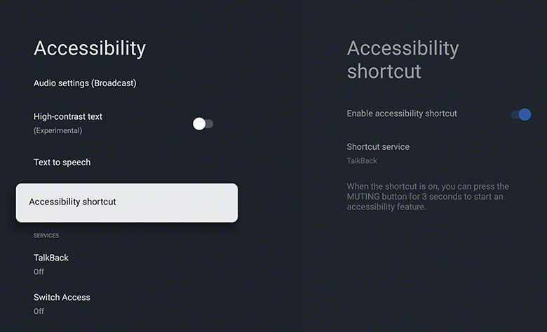 Accessibility settings screen showing the option to enable the accessibility shortcut.
