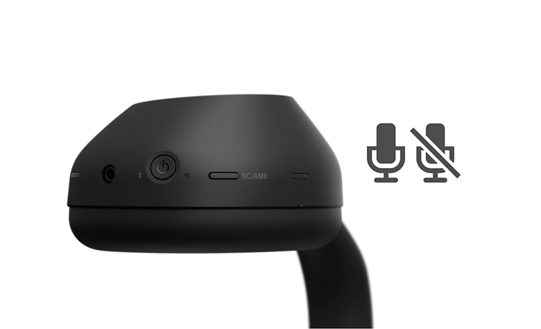 Side view of headphone earcup with buttons, showing the NC/AMB button.