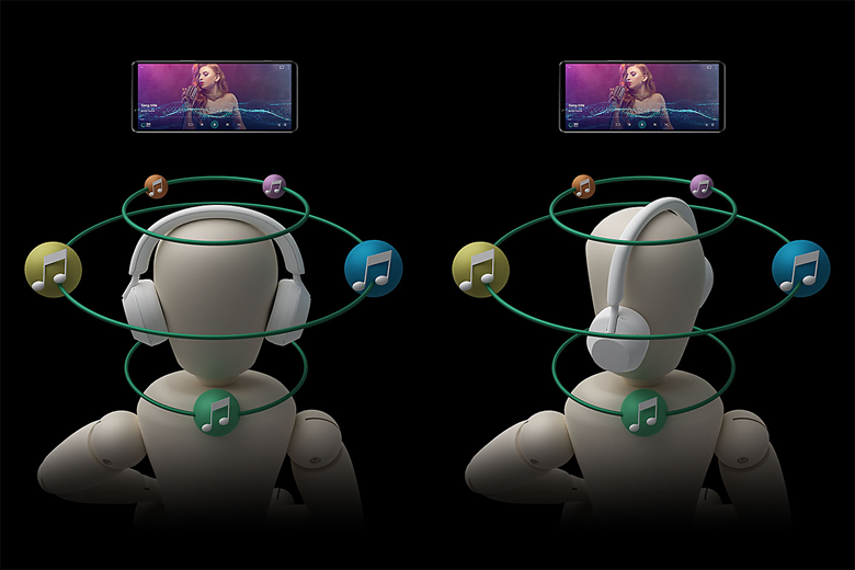 A digital illustration showing a mannequin wearing headphones with head-tracking capability. Sound stays fixed in 3D space.