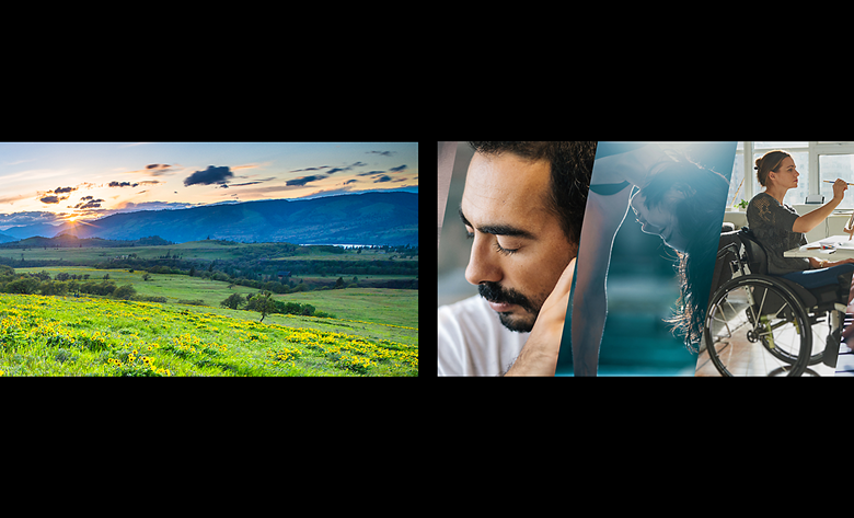 A scenic landscape and a collage of diverse people symbolising BRAVIA's focus on environmental sustainability and accessibility for all.