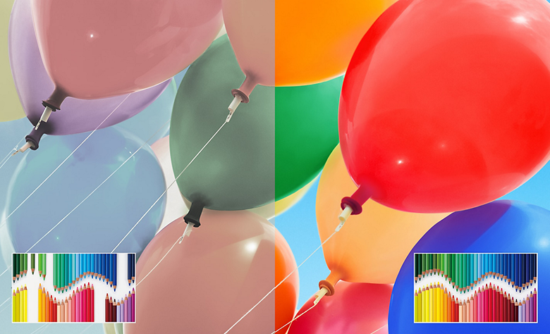 Comparison image of colourful balloons, showing the difference in vibrancy with BRAVIA's Live Colour feature.