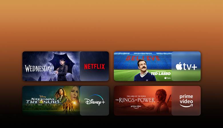 There are logos of streaming service platforms and matching footages right next to each logo. There are images of Netflix's Wednesday, Apple TV's TED LASSO, Disney Plus's National Treasure and PRIME VIDEO's The rings of power.