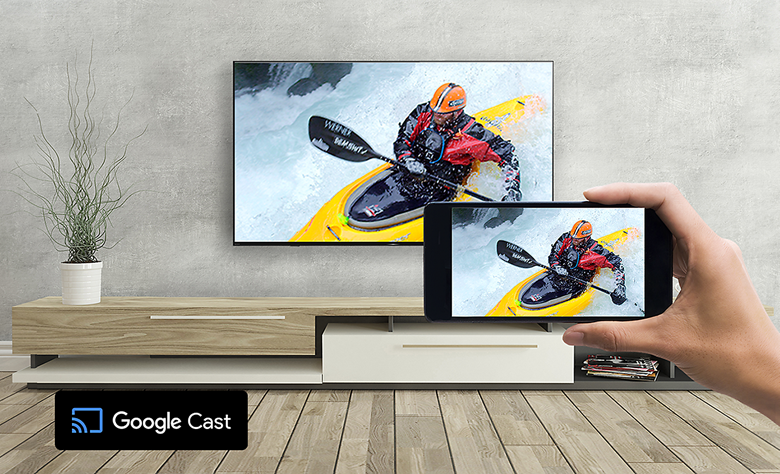 BRAVIA TV casting a kayaking scene from a smartphone using Google Cast.