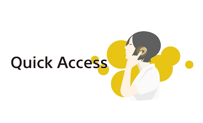 Logo of Sony's Quick Access next to an illustration of a person tapping their earbuds.