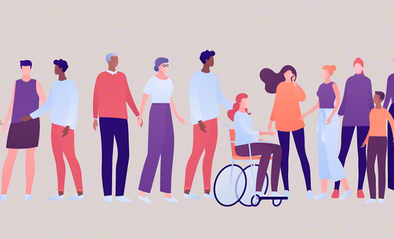 An illustration representing diversity and inclusivity, showing a group of people of different abilities and backgrounds.