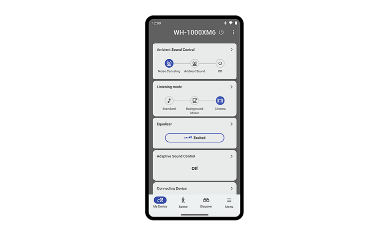 Settings interface of the Sony Music Center app for WH-1000XM6 headphones.