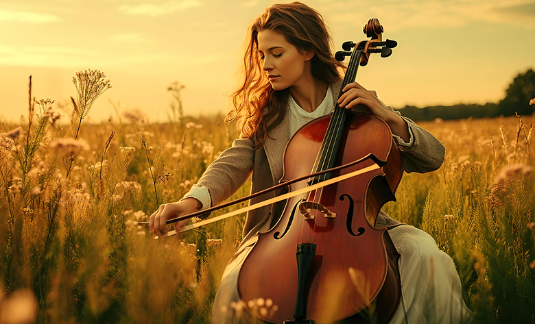 Scene of person playing a cello in a scenic field.