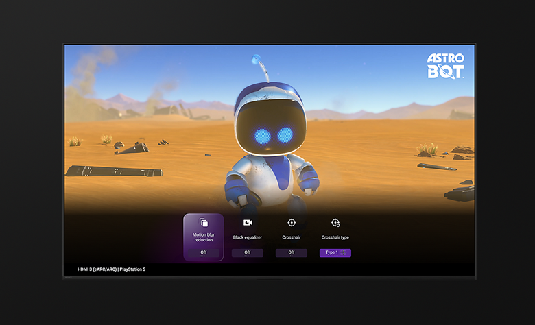 Screenshot showing BRAVIA gaming settings menu over a scene from Astro Bot video game.