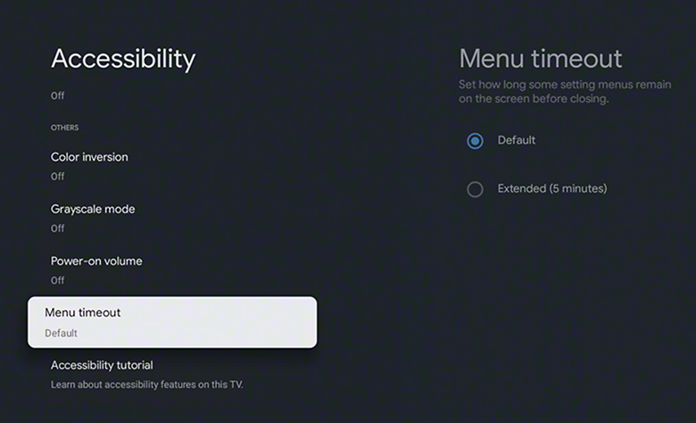 Accessibility settings screen showing the "Menu timeout" option.