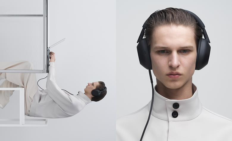 A collage of a person wearing a black pair of WH-1000XM6 headphones with a charging cable connected while working.